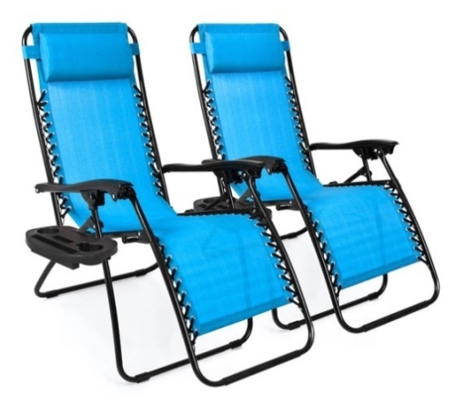 Set of 2 Adjustable Zero Gravity Patio Chair Recliners w/ Cup Holders, Aqua Blue - Lot 428