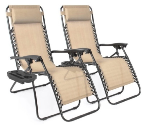 Set of 2 Adjustable Zero Gravity Patio Chair Recliners w/ Cup Holders, Sand - Lot 429