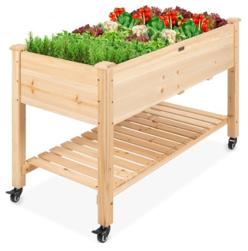Mobile Raised Garden Bed Elevated Wood Planter w/ Wheels, Storage Shelf  - Lot 438