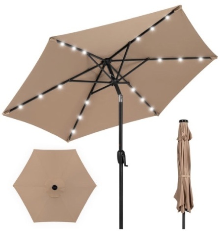 Outdoor Solar Patio Umbrella w/ Push Button Tilt, Crank Lift - 7.5ft, Tan - Lot 439