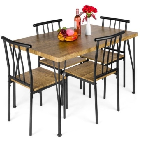 5-Piece Modern Metal and Wood Dining Table Furniture Set w/ 4 Chairs, Brown - Lot 440