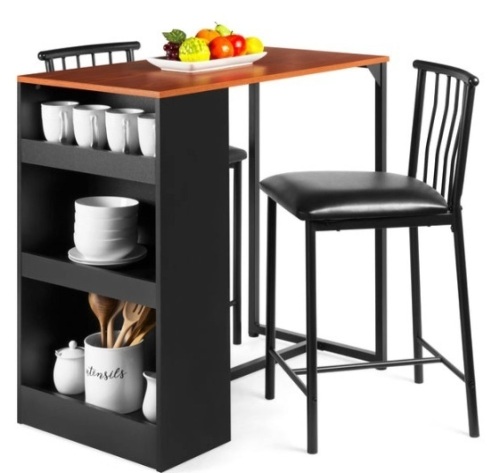 3-Piece Counter Height Kitchen Dining Table Set w/ Storage Shelves, Espresso - Lot 441