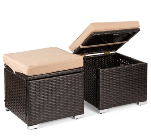 Set of 2 Wicker Ottomans, Multipurpose w/ Removable Cushions, Steel Frame, Brown/Beige - Lot 442