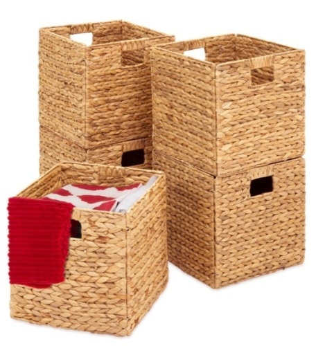 Set of 5 Collapsible Hyacinth Storage Baskets w/ Inserts - 12x12in, Natural - Lot 443