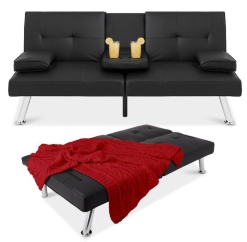 Faux Leather Upholstered Convertible Sofa Bed Futon w/ 2 Cupholders, Black - Lot 446
