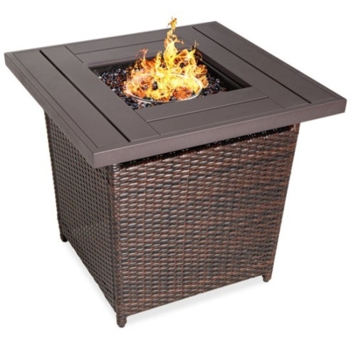 28in Fire Pit Table 50,000 BTU Wicker Propane w/ Faux Wood Tabletop, Cover, Brown - Lot 447