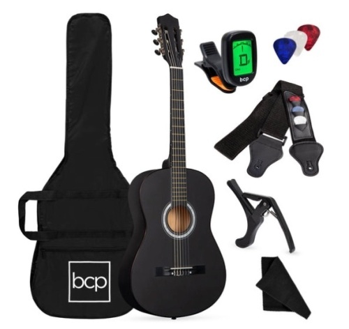 Beginner Acoustic Guitar Set w/ Case, Strap, Digital Tuner, Strings - 38in, Black - Lot 448