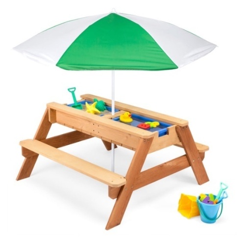 3-in-1 Kids Sand & Water Table Outdoor Wood Picnic Table w/ Umbrella, Green - Lot 450