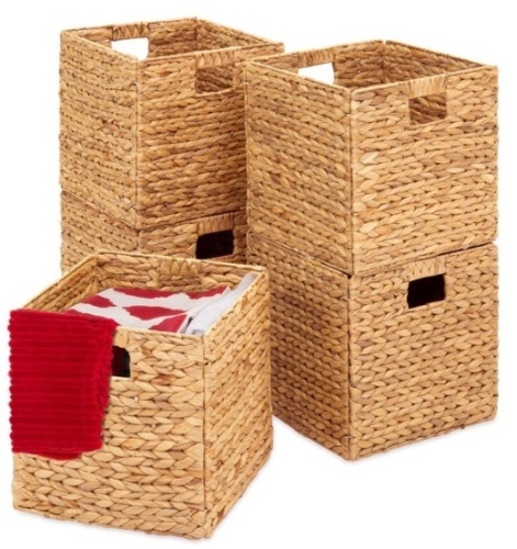 Set of 5 Collapsible Hyacinth Storage Baskets w/ Inserts - 12x12in, Natural - Lot 452