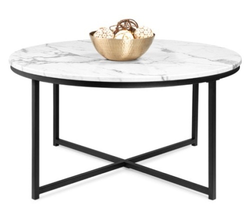 Round Coffee Table w/ Faux Marble Top, Metal Frame - 36in, Black - Lot 453