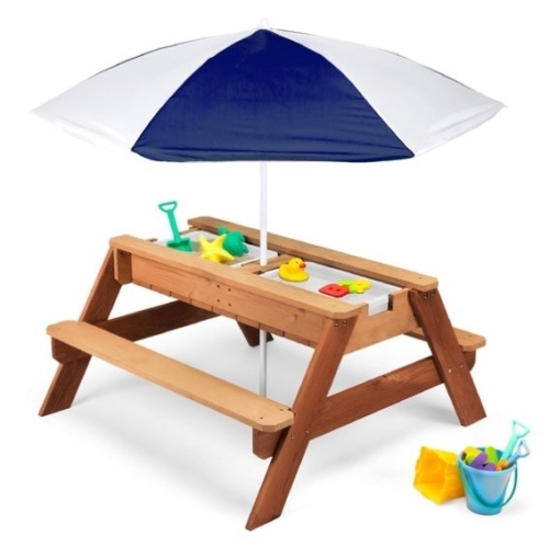 3-in-1 Kids Sand & Water Table Outdoor Wood Picnic Table w/ Umbrella, Navy - Lot 454