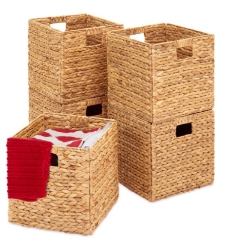 Set of 5 Collapsible Hyacinth Storage Baskets w/ Inserts - 12x12in, Natural - Lot 456