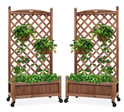 Set of 2 Wood Planter Box & Lattice Trellis w/ Optional Wheels - 48in - Lot 463