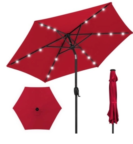 Outdoor Solar Patio Umbrella w/ Push Button Tilt, Crank Lift - 7.5ft, Red - Lot 464