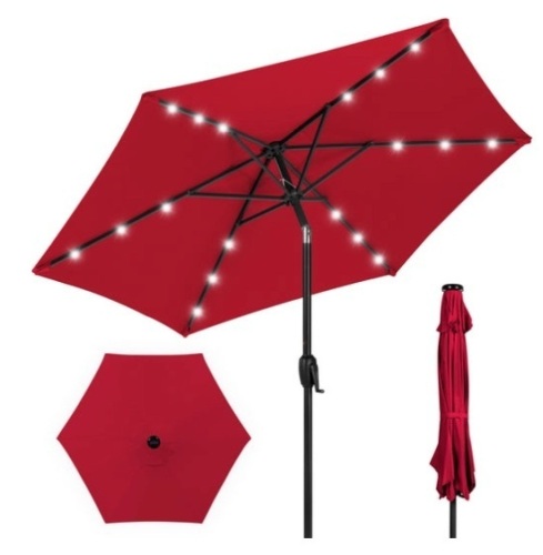 Outdoor Solar Patio Umbrella w/ Push Button Tilt, Crank Lift - 7.5ft, Red - Lot 465