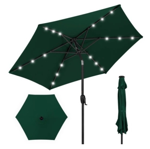 Outdoor Solar Patio Umbrella w/ Push Button Tilt, Crank Lift - 7.5ft, Green - Lot 467
