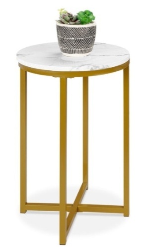 Round Coffee Side Table w/ Faux Marble Top, Metal Frame - 16in, White/Bronze Gold - Lot 471