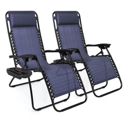 Set of 2 Adjustable Zero Gravity Patio Chair Recliners w/ Cup Holders, Blue - Lot 476