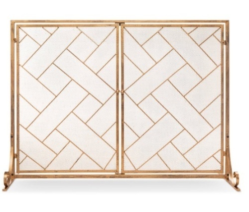2-Panel Wrought Iron Geometric Fireplace Screen w/ Magnetic Doors - 44x33in, Gold - Lot 479