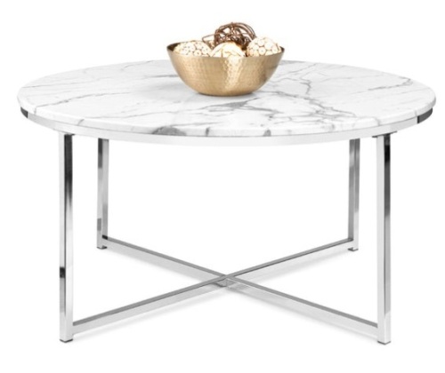 Round Coffee Table w/ Faux Marble Top, Metal Frame - 36in, Chrome - Lot 489