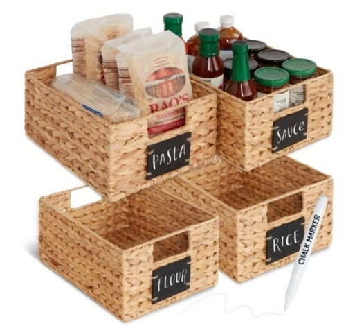 Set of 4 Water Hyacinth Pantry Baskets w/ Chalkboard, Marker - 12in - Lot 490