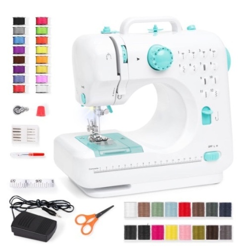 6V Portable Foot Pedal Sewing Machine w/ 12 Stitch Patterns, Teal - Lot 497