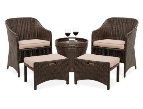 5-Piece Outdoor Wicker Bistro Set w/ Side Storage Table, No Assembly, Brown - Lot 495