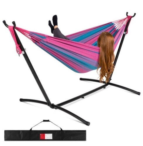 2-Person Brazilian-Style Double Hammock w/ Carrying Bag and Steel Stand, Aster - Lot 508