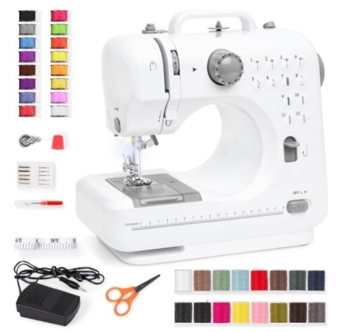 6V Portable Foot Pedal Sewing Machine w/ 12 Stitch Patterns, Gray/White - Lot 514