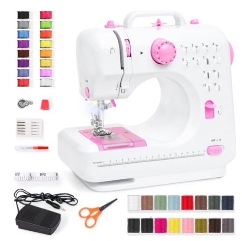 6V Portable Foot Pedal Sewing Machine w/ 12 Stitch Patterns, Pink/White - Lot 515