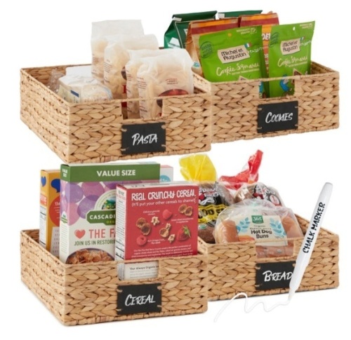 Set of 4 Water Hyacinth Pantry Baskets w/ Chalkboard, Chalk Marker, Natural - Lot 516