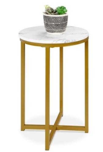 Round Coffee Side Table w/ Faux Marble Top, Metal Frame - 16in, White/Bronze Gold - Lot 522