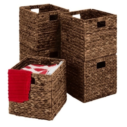 Set of 5 Collapsible Hyacinth Storage Baskets w/ Inserts - 12x12in, Espresso - Lot 525