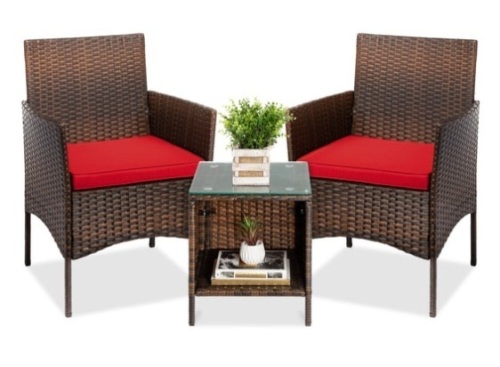 3-Piece Outdoor Patio Wicker Bistro Set w/ Side Storage Table, Brown/Red  - Lot 526