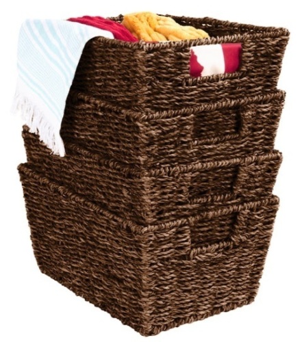 Set of 4 Seagrass Storage Tote Baskets, Laundry Organizer w/ Insert Handles, Brown - Lot 531