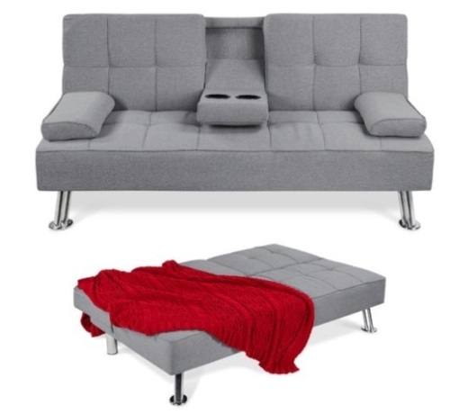 Linen Upholstered Convertible Sofa Bed Futon w/ 2 Cupholders, Gray - Lot 534
