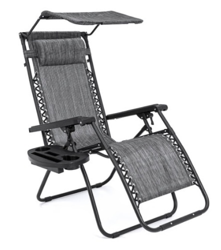 Folding Zero Gravity Recliner Patio Lounge Chair w/ Canopy, Side Tray, Gray - Lot 539