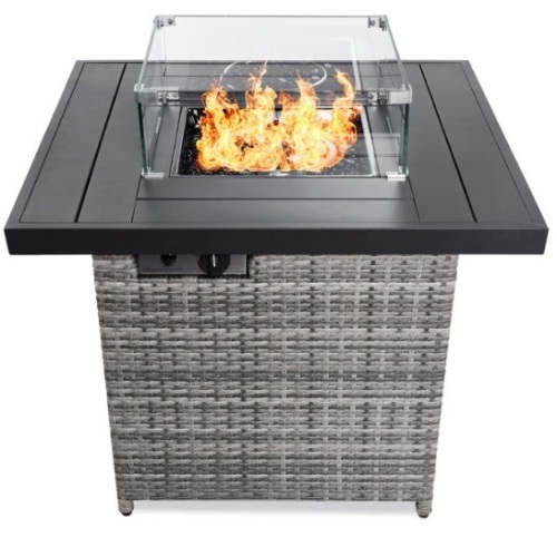 32in Fire Pit Table 50,000 BTU Wicker Propane w/ Wind Guard, Cover, Ash Gray - Lot 518
