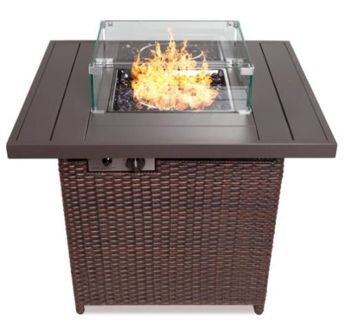 32in Fire Pit Table 50,000 BTU Wicker Propane w/ Wind Guard, Cover, Brown - Lot 546