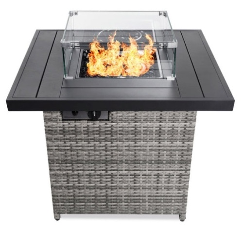 32in Fire Pit Table 50,000 BTU Wicker Propane w/ Wind Guard, Cover, Ash Gray - Lot 551