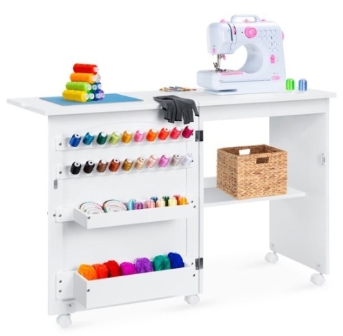 Folding Sewing Table Multipurpose Craft Station & Side Table w/ Wheels, White - Lot 561