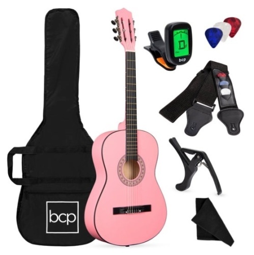 Beginner Acoustic Guitar Set w/ Case, Strap, Digital Tuner, Strings - 38in, Pink - Lot 229