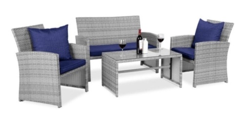 4-Piece Outdoor Wicker Conversation Patio Set w/ 4 Seats, Glass Table Top, Gray/Navy - Lot 232