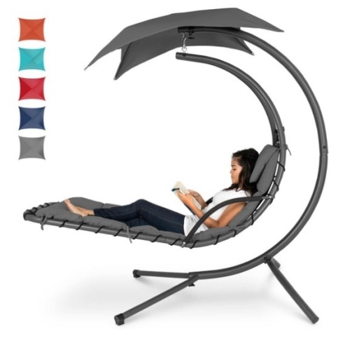 Hanging Curved Chaise Lounge Chair w/ Built-In Pillow, Removable Canopy, Charcoal Gray - Lot 240