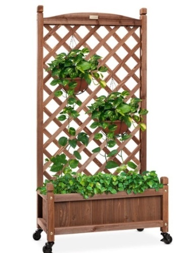 Wood Planter Box & Lattice Trellis w/ Drainage, Optional Wheels - 60in - Lot 241