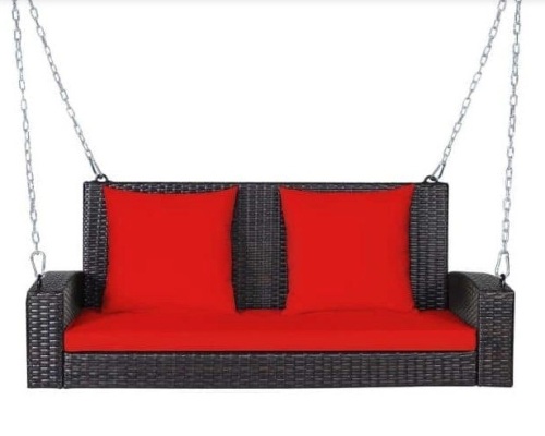 2-Person Patio Rattan Hanging Porch Swing Bench Chair Red Cushion - Lot 563