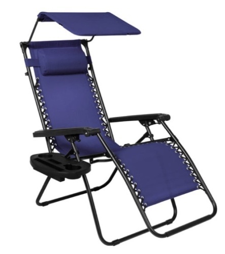 Folding Zero Gravity Recliner Patio Lounge Chair w/ Canopy, Side Tray, Navy Blue - Lot 245