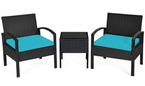 3-Piece Plastic Wicker Patio Conversation Set with CushionGuard Turquoise Cushions - Lot 565