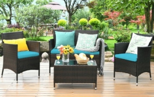 Costway 4PCS Outdoor Patio PE Rattan Wicker Table Shelf Sofa Furniture Set With Cushion - Lot 566