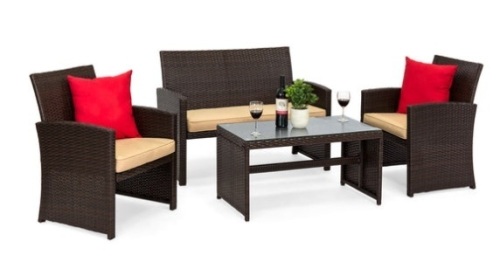 4-Piece Outdoor Wicker Conversation Patio Set w/ 4 Seats, Glass Table Top, Brown/Beige - Lot 246